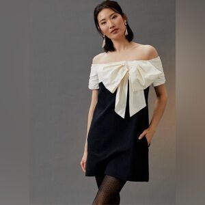 NWT Maeve Anthropologie Off the Shoulder Bow Colorblock Shift Mini Dress Pockets